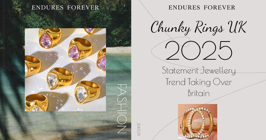 Split-layout poster showing gold gemstone rings with 'Trend Taking Over Britain' headline and finger close-up, presenting ENDURES FOREVER's trend forecast