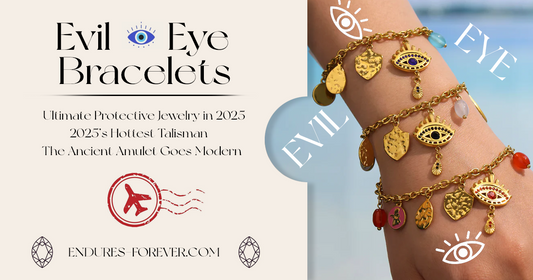 Gold evil eye charm bracelets stacked on wrist as protective talismans for 2025