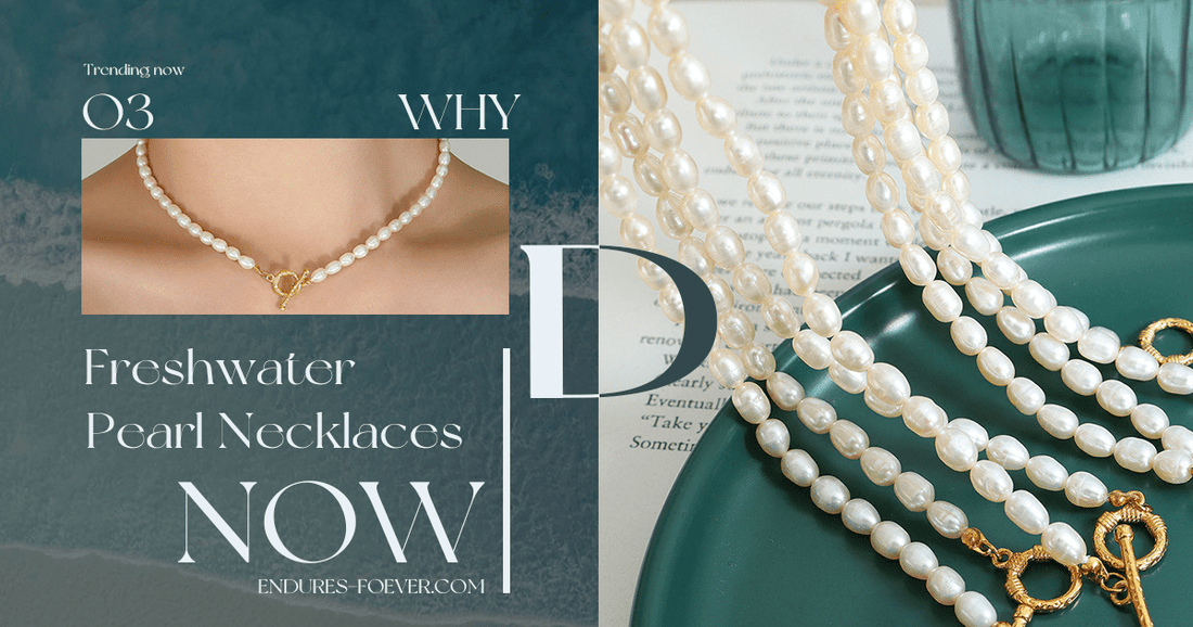 Layered freshwater pearl necklaces styled with gold chains and modern outfits