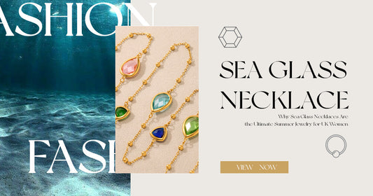 vibrant sea glass necklaces poster with summer beach backdrop uk style