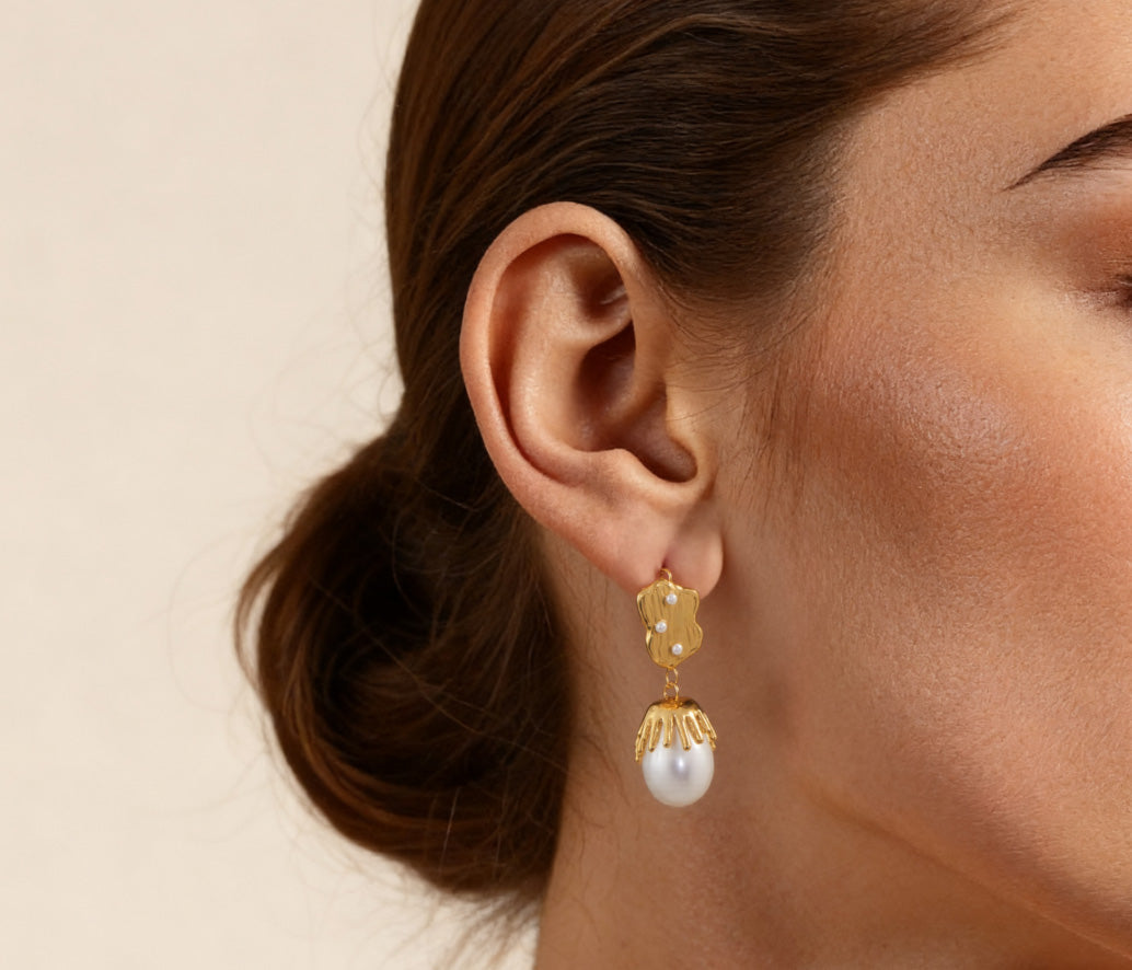 18k Real Gold Shaped Baroque Imitation Pearl Pendant Earrings