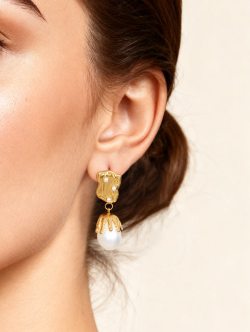 18k Real Gold Shaped Baroque Imitation Pearl Pendant Earrings