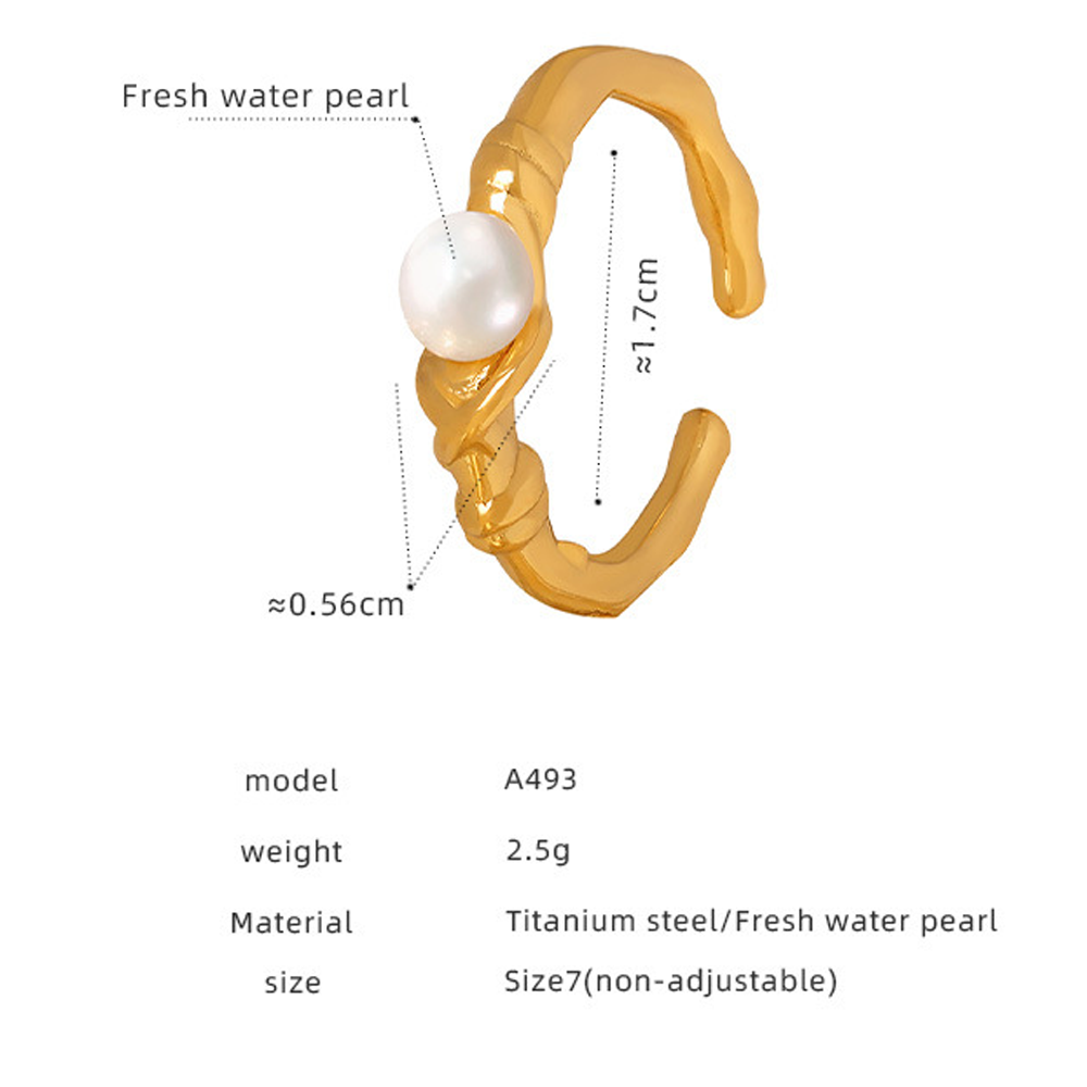 Gold ring with a pearl, showing measurements and product details on a white background