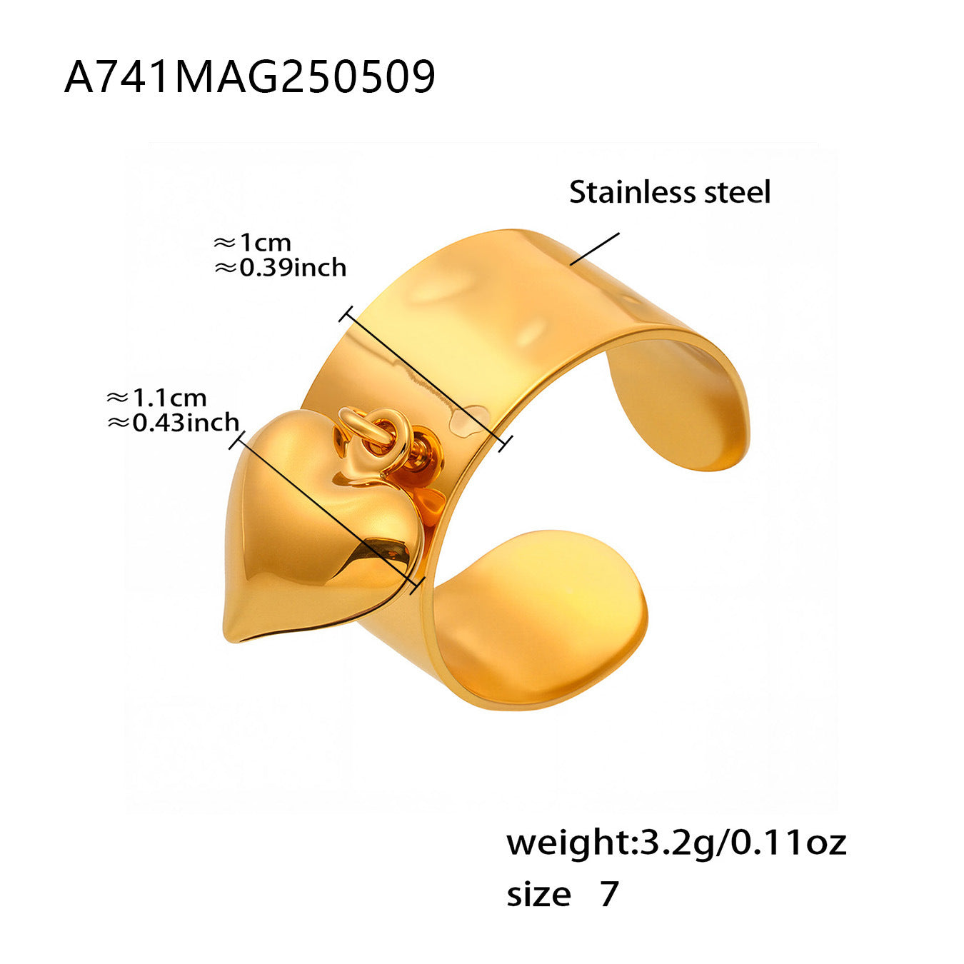 Peach Heart Adjustable Stainless Steel Rings