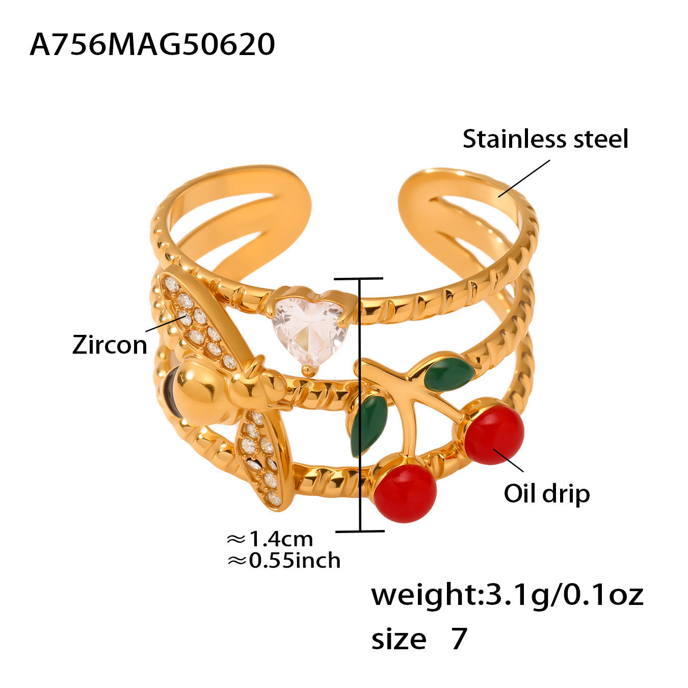 5A Zircon Handmade Oil Drop Cherry Open Rings