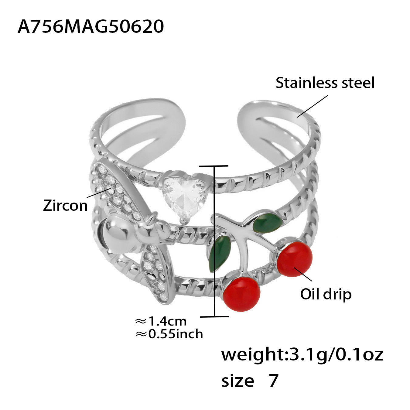 5A Zircon Handmade Oil Drop Cherry Open Rings
