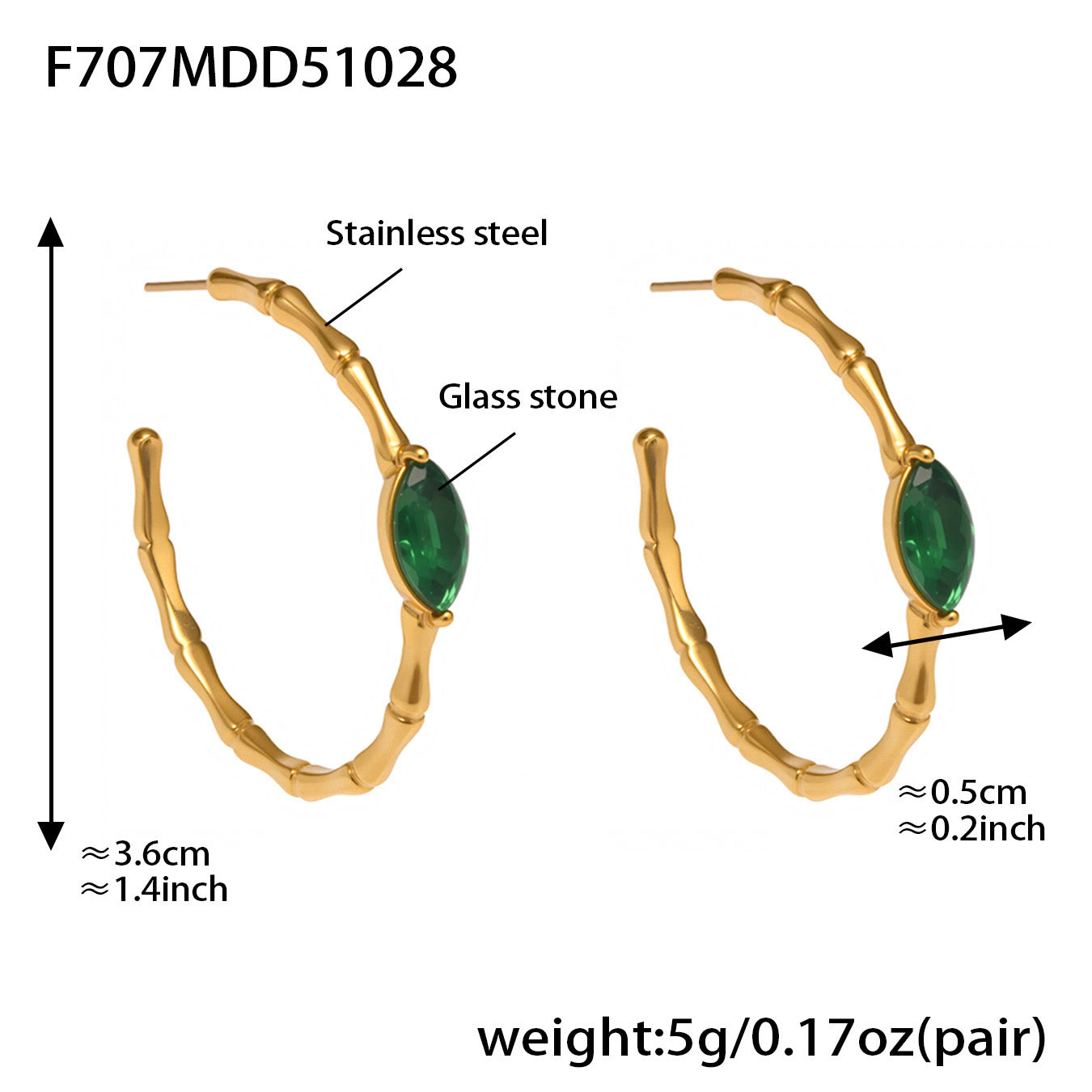 Size chart of gold bamboo hoop earrings with green stone, dimensions and weight displayed
