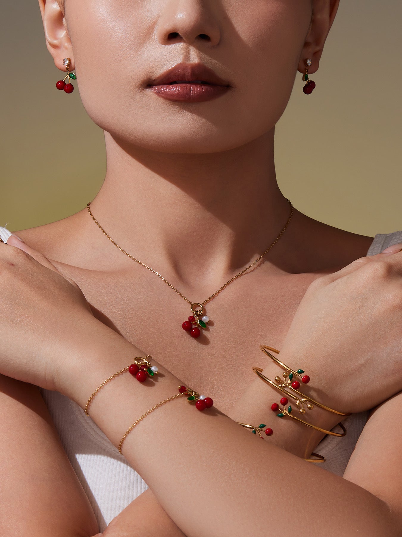Stainless Steel Oil-dripped Red Cherry Bangle Inlaid With Zircon