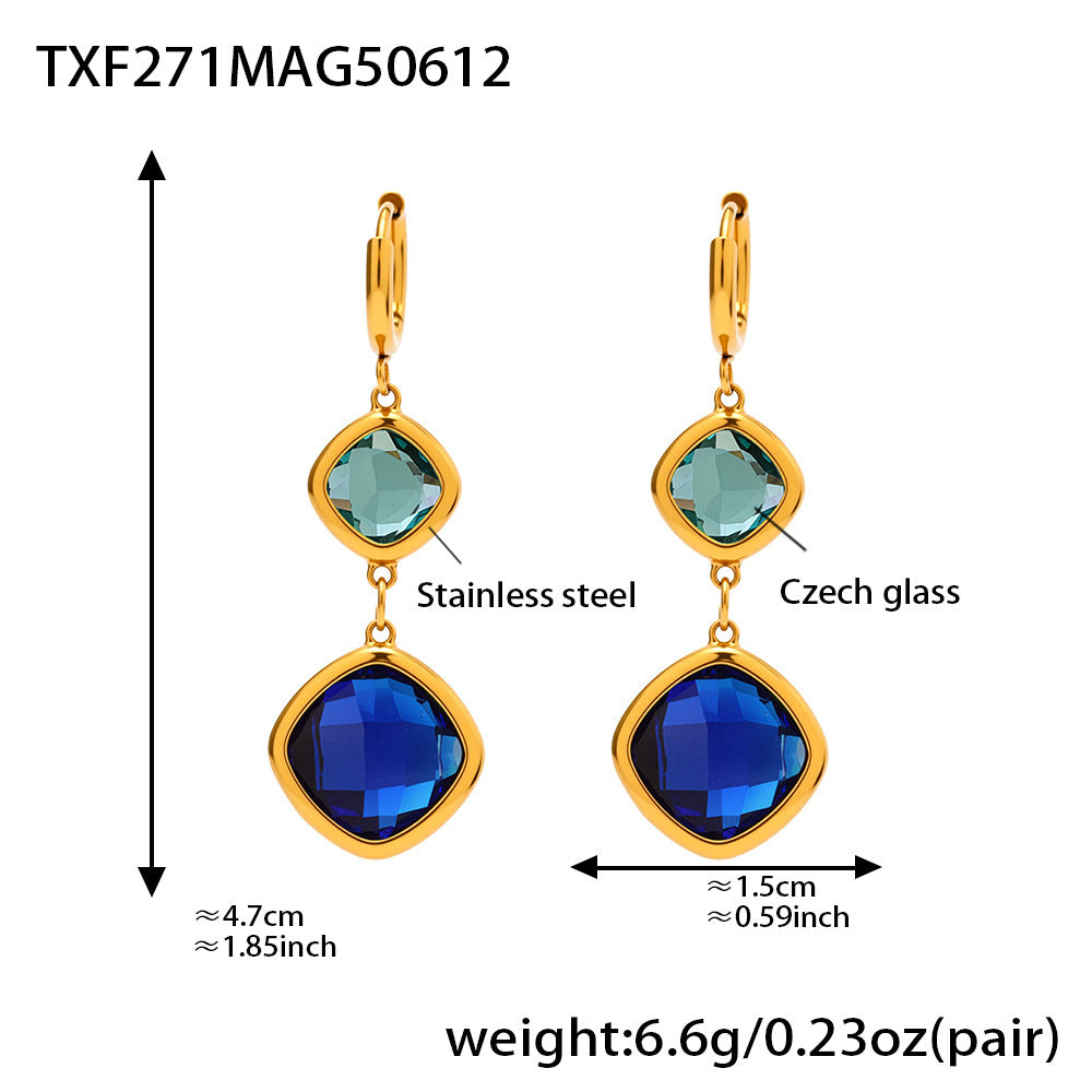 Blue gemstone dangle earrings for women, waterproof stainless steel gold earrings