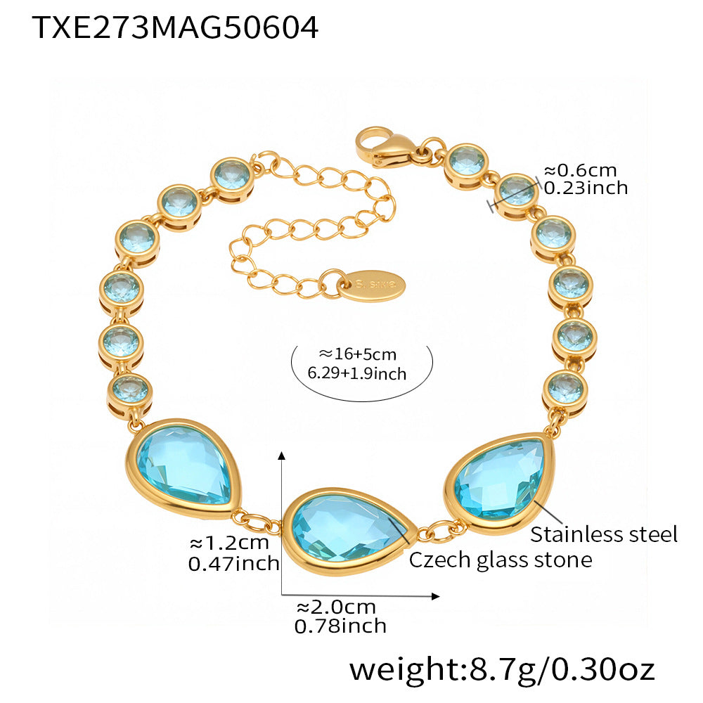 Blue sea glass teardrop bracelet size chart with measurements, waterproof gold stainless steel, adjustable chain