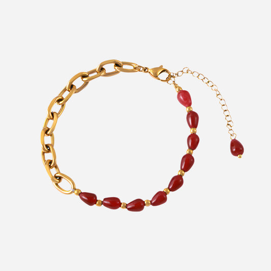 Red Agate Garnet Handmade Beaded Bracelet Gold Color