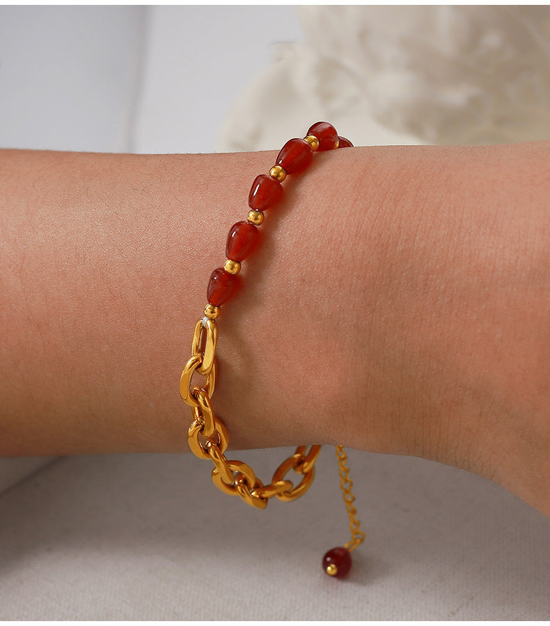 Red Agate Garnet Handmade Beaded Bracelet Gold Color