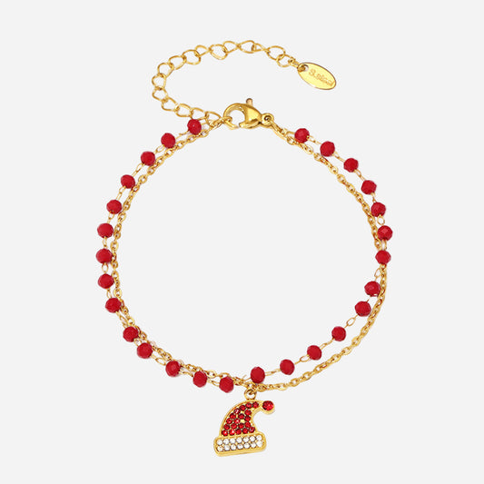 Stainless Steel Zircon Christmas Hat Pendant Garnet Double Necklace