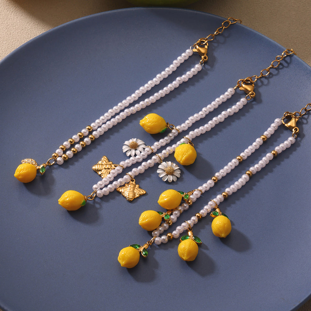 Resin Lemon Daisy Shell Bead Stainless Steel Bracelets