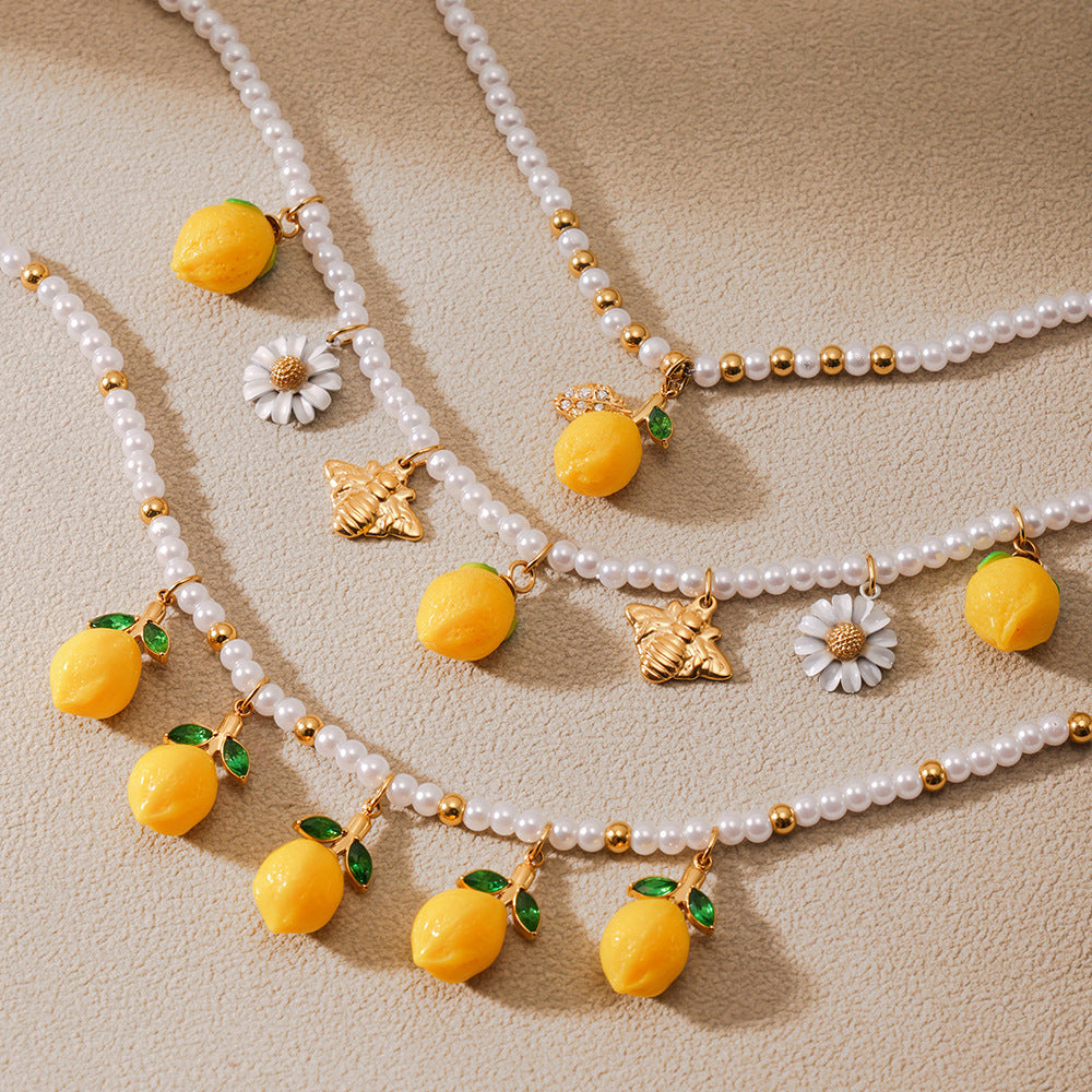 Resin Lemon Daisy Shell Bead Stainless Steel Bracelets