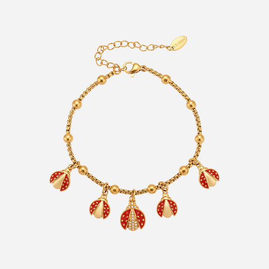 Stainless Steel Clip Bead Bracelet With Red Oil Bripping Beetle And Zirconium
