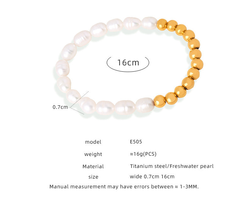 Specification image of handmade freshwater pearl bracelet showing size, materials, waterproof features