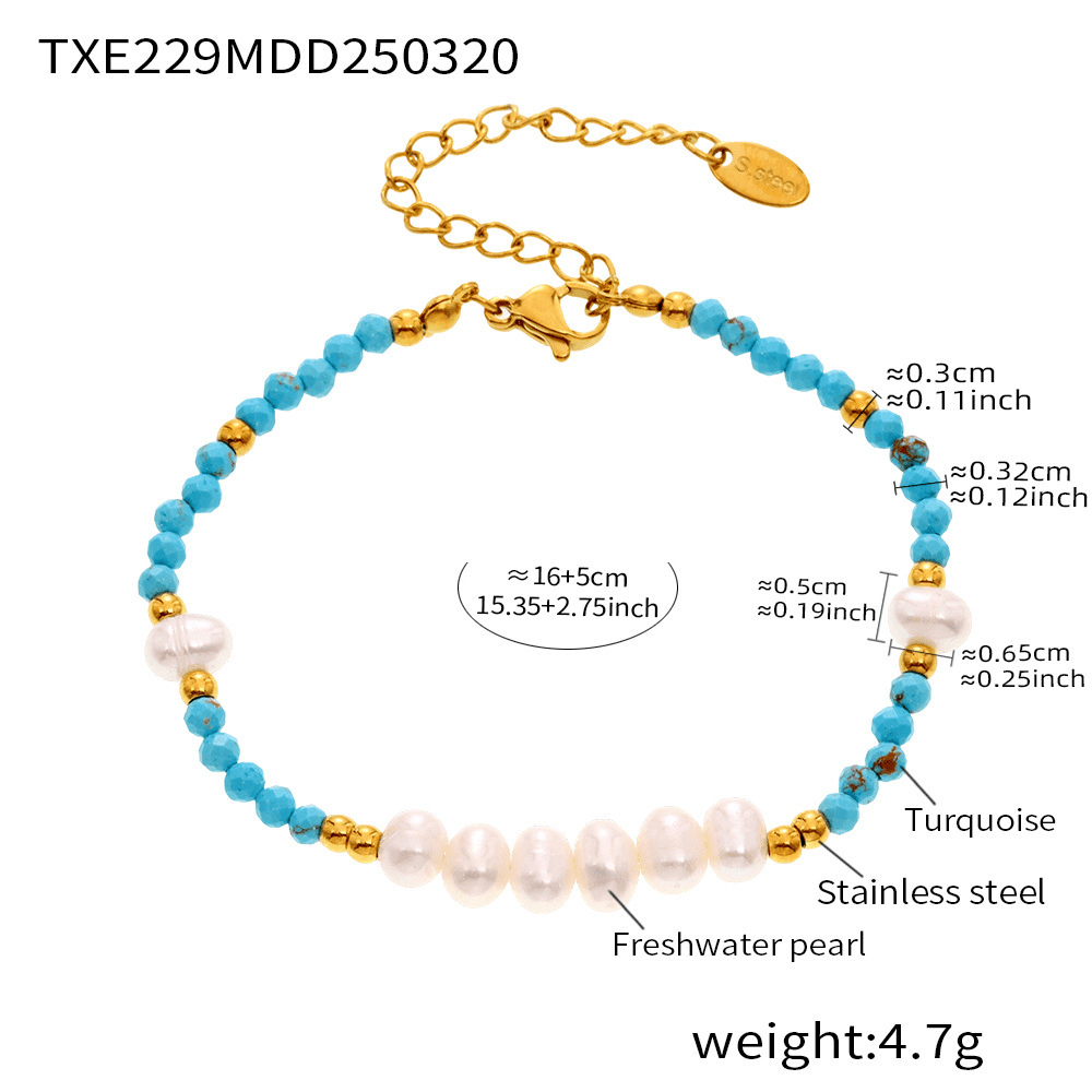 Specification image of turquoise and freshwater pearl bracelet with size and material info