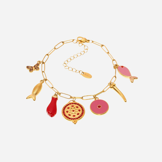 Gold bracelet with colorful charms on a white background