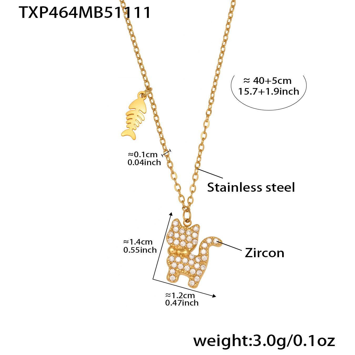 Size guide showing measurements of the gold CZ cat necklace, including chain length and pendant dimensions.