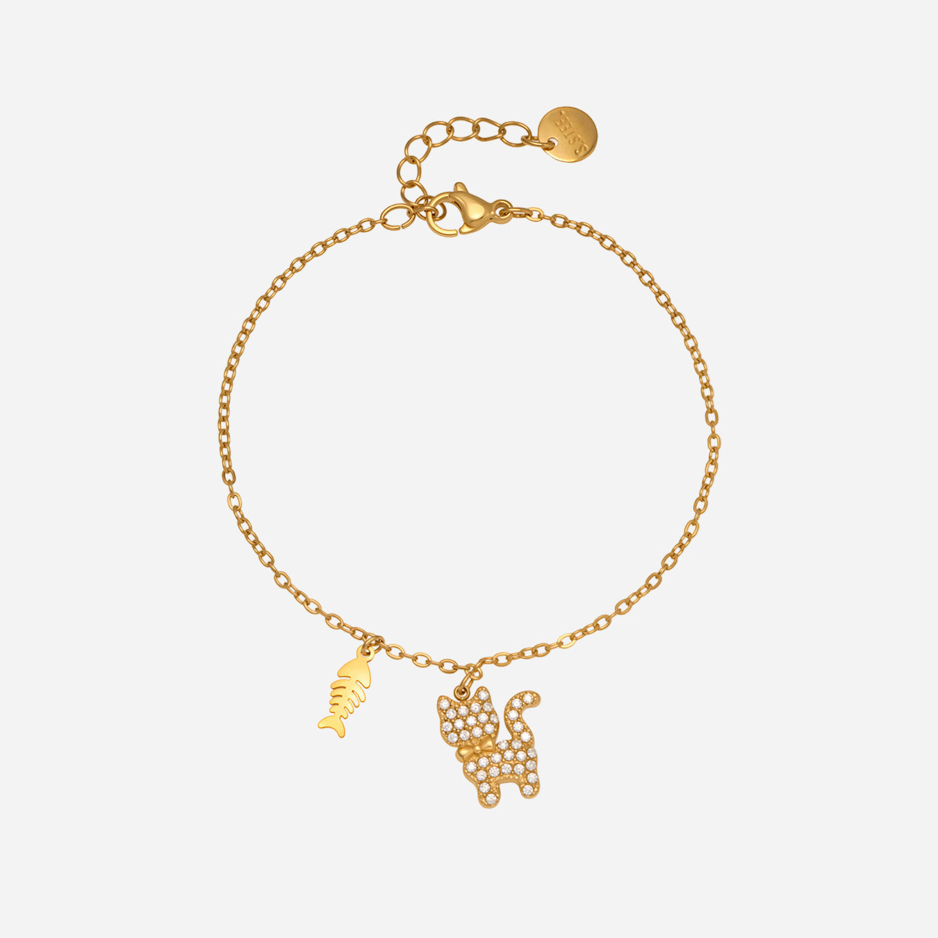Dainty 18K gold cat tennis bracelet with CZ cat charm and fishbone pendant on a stainless steel chain.