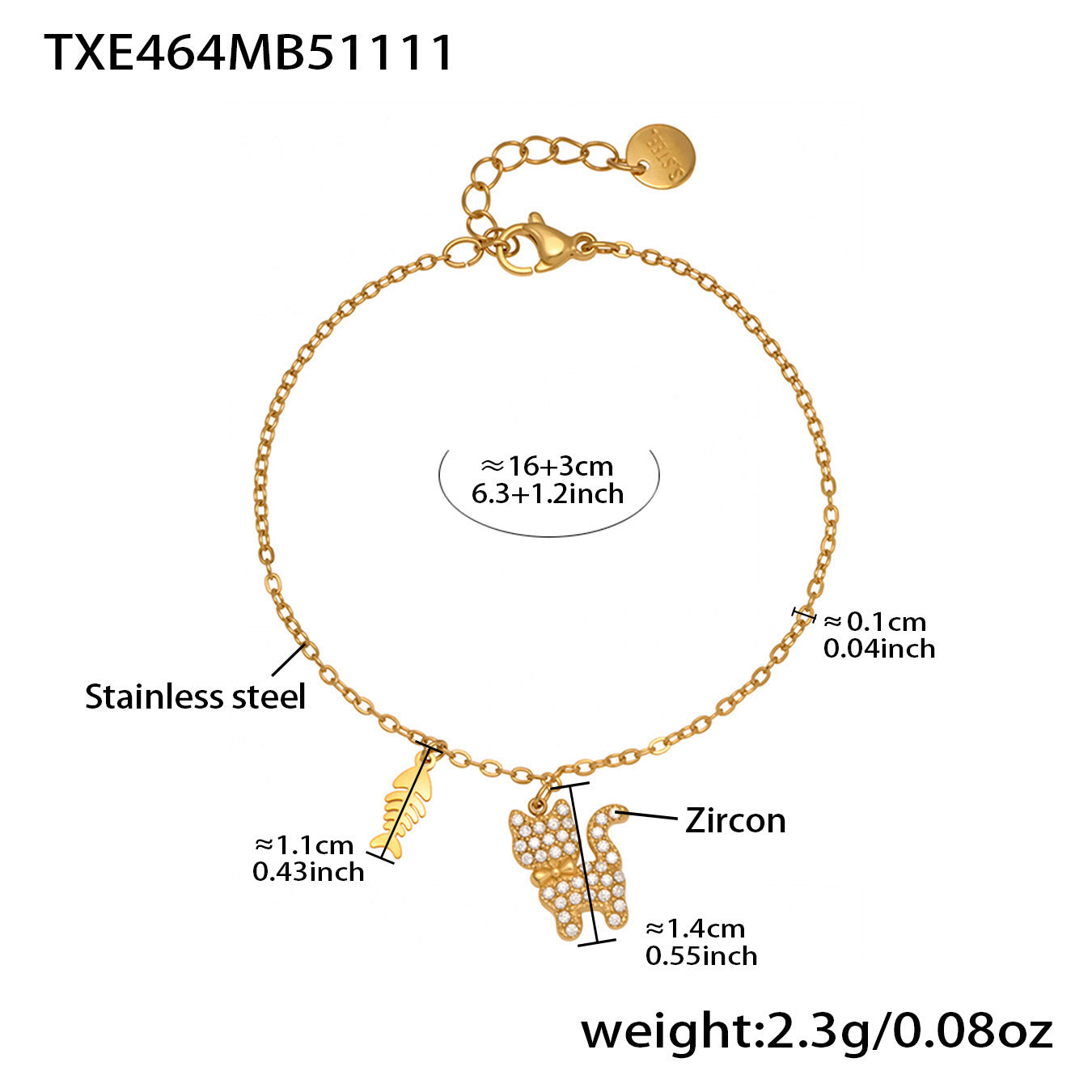 Size reference chart for the gold cat tennis bracelet showing measurements and charm details.