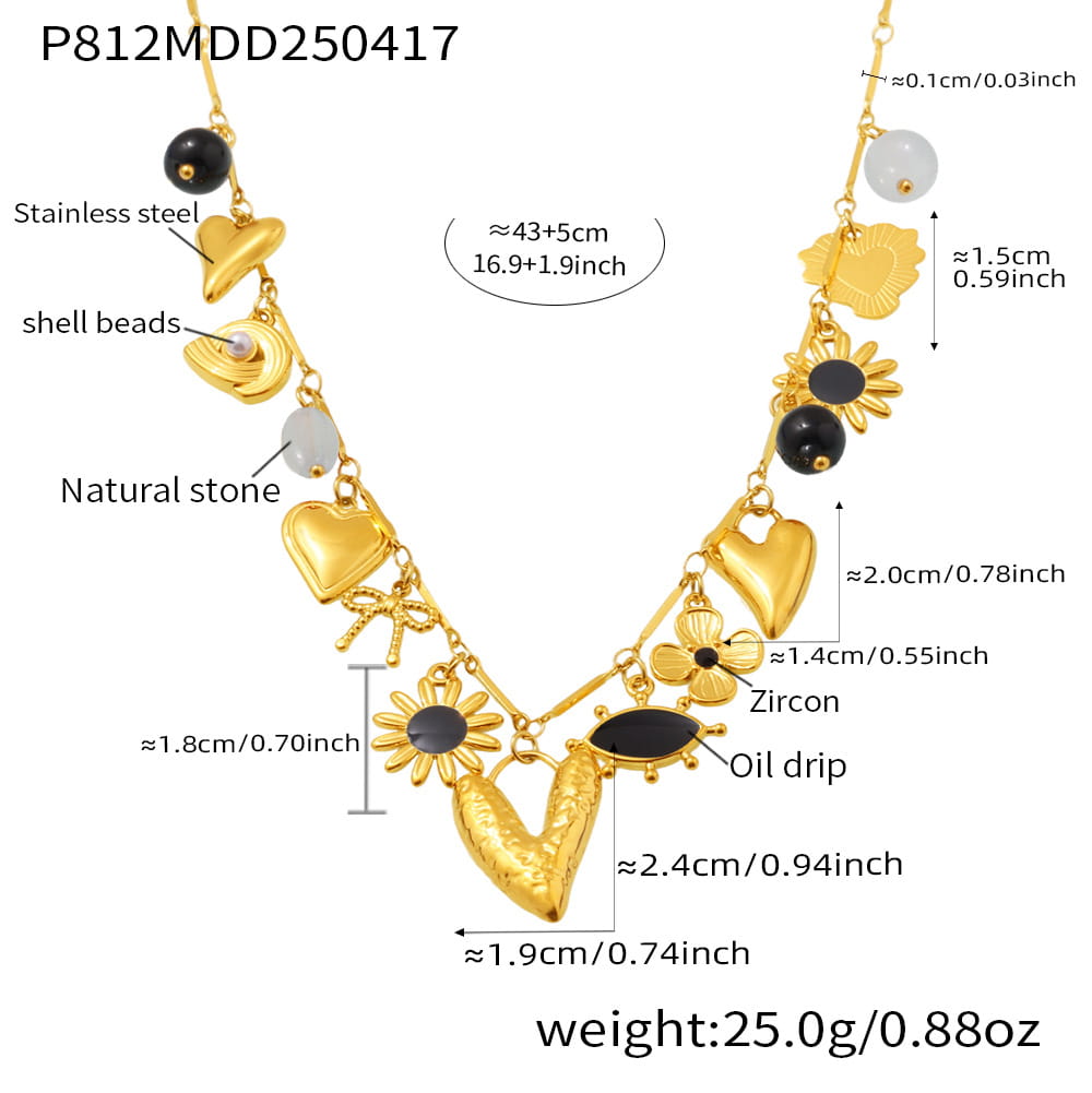 Detailed measurement chart of gold waterproof sun and moon charm necklace with heart pendant and enamel charms.
