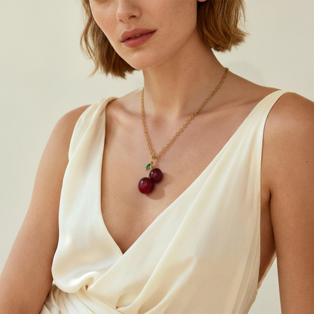 Cherry Allure Stainless Steel Resin Zircon Necklace