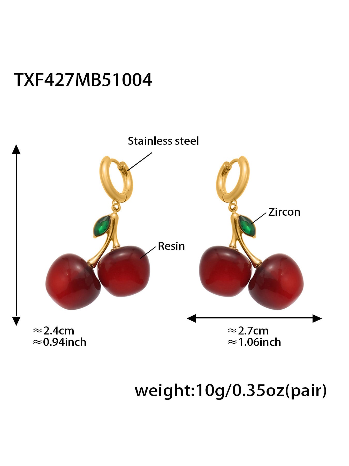 Cherry hoop earrings size chart and measurement guide.Cherry-themed earrings with gold, resin, and zircon components, labeled with measurements and material details.