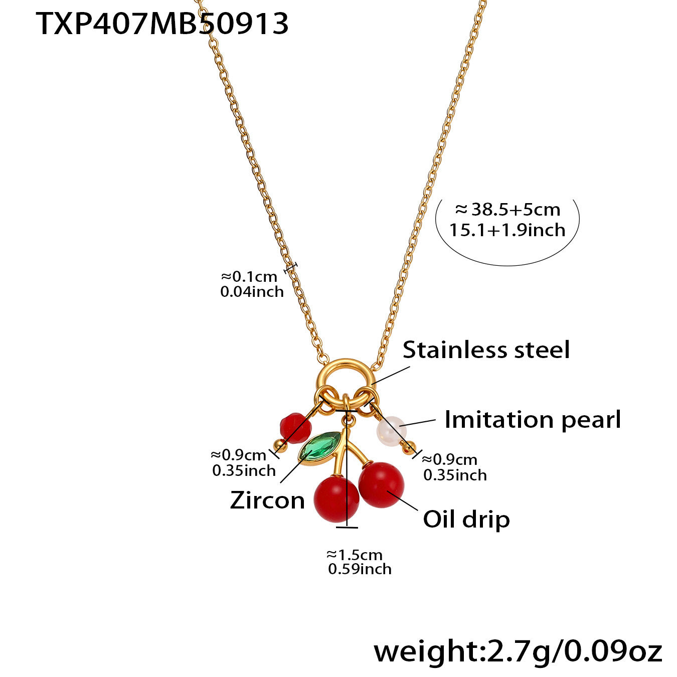 Size and weight chart for gold cherry necklace, stainless steel waterproof charm