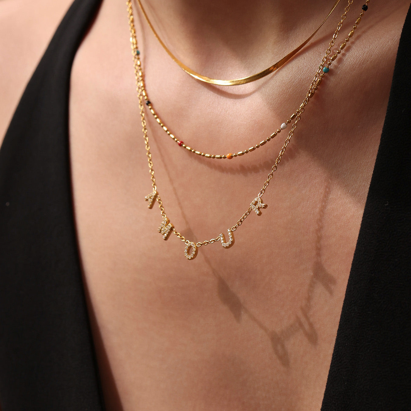 Close-up of TXP304 5A Zircon AMOUR Necklace on Model’s Neck