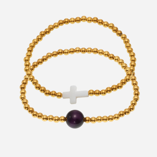 Gold Beaded Cross Charm Bracelet – White Shell & Agate Options on White Background