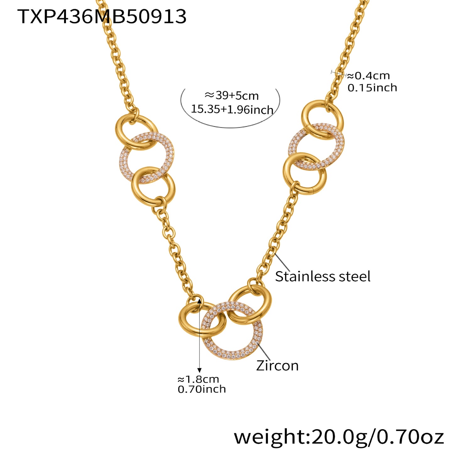 Diamond circle necklace size chart showing interlocking gold eternity rings and chain length details