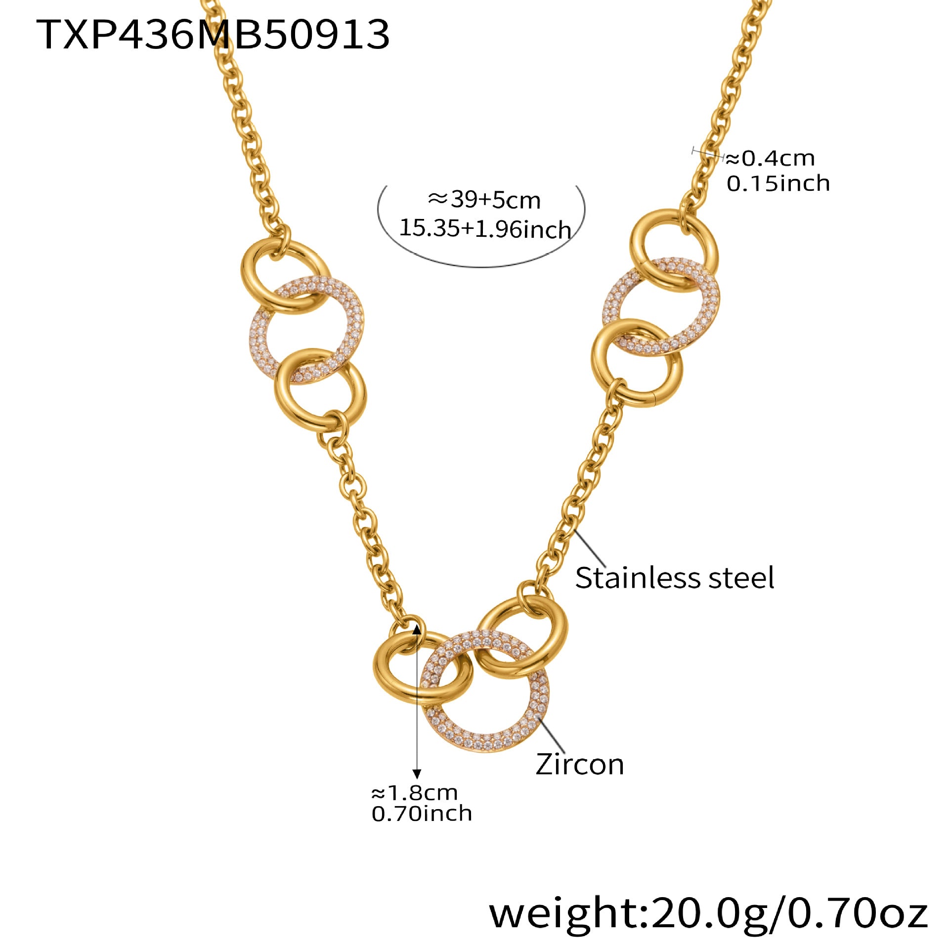 Diamond circle necklace size chart showing interlocking gold eternity rings and chain length details