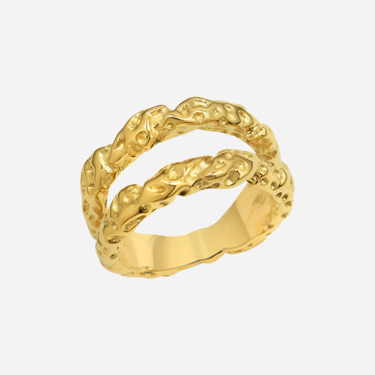 Hammered gold adjustable ring with double-layer Ins style and textured surface on white background
