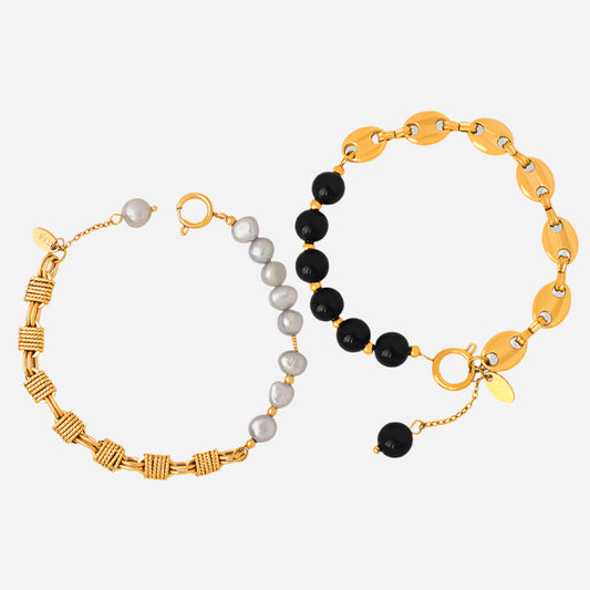 Classical Freshwater Pearl Handmade Beaded Natural Stone Black Agate Bracelet