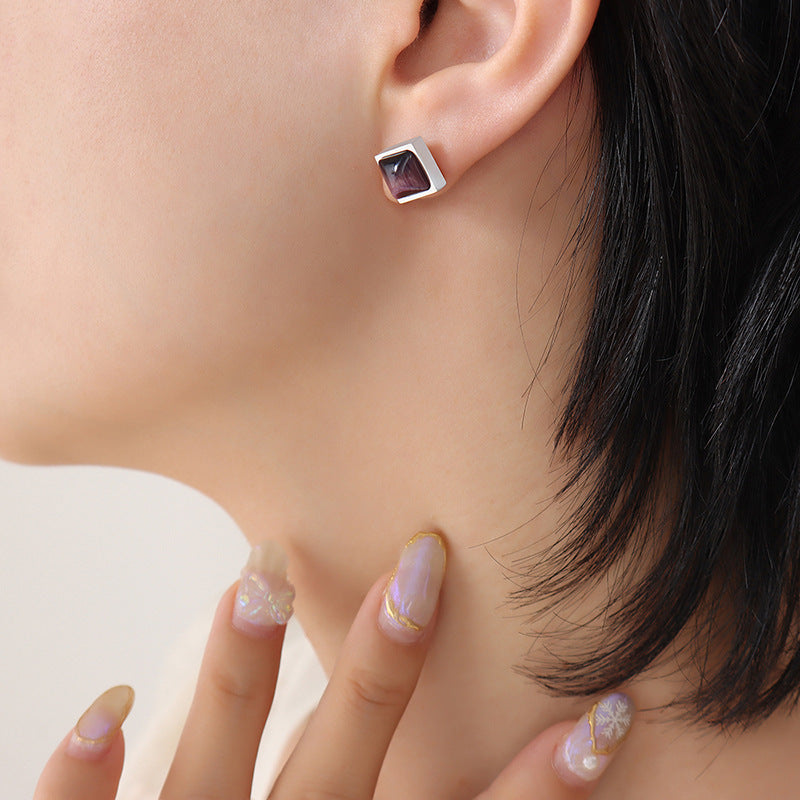 Tiger Eye Stone Cat Eye Stone Three Color Stainless Steel Stud Earrings