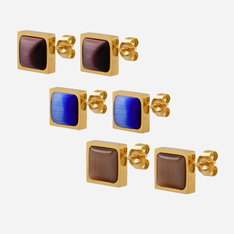 Tiger Eye Stone Cat Eye Stone Three Color Stainless Steel Stud Earrings