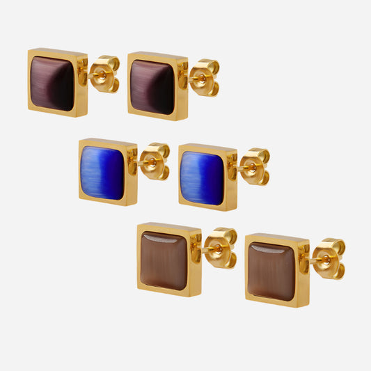 Tiger Eye Stone Cat Eye Stone Three Color Stainless Steel Stud Earrings