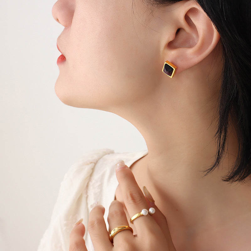 Tiger Eye Stone Cat Eye Stone Three Color Stainless Steel Stud Earrings