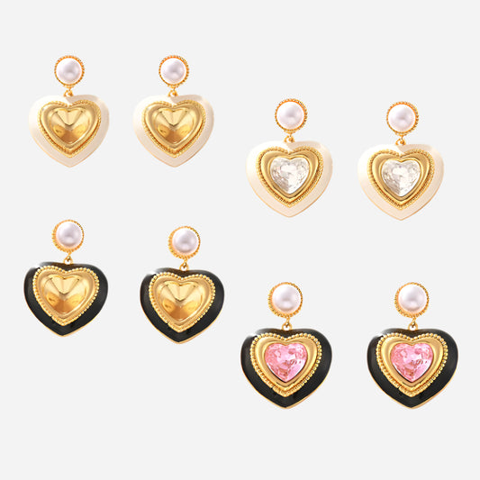 Imitation Pearl Heart Glass Stone Earrings