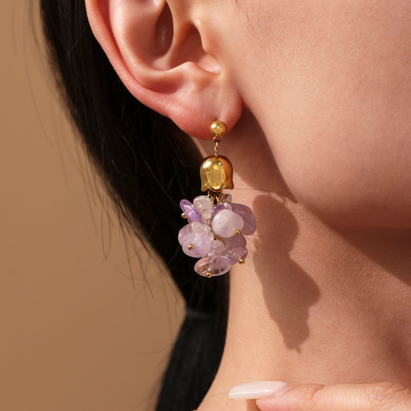 Natural Amethyst Oval Stainless Steel  Earrings