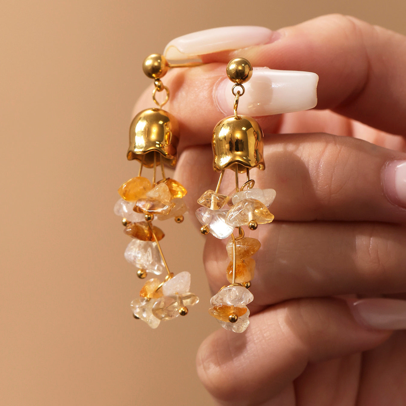Natural Yellow Crystal Tassel Stainless Steel Earrings