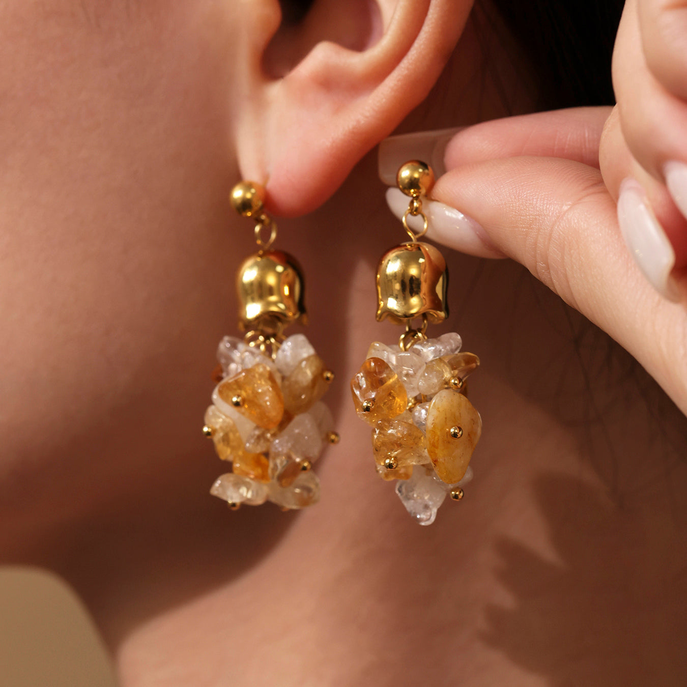 Natural Yellow Crystal Tassel Stainless Steel Earrings