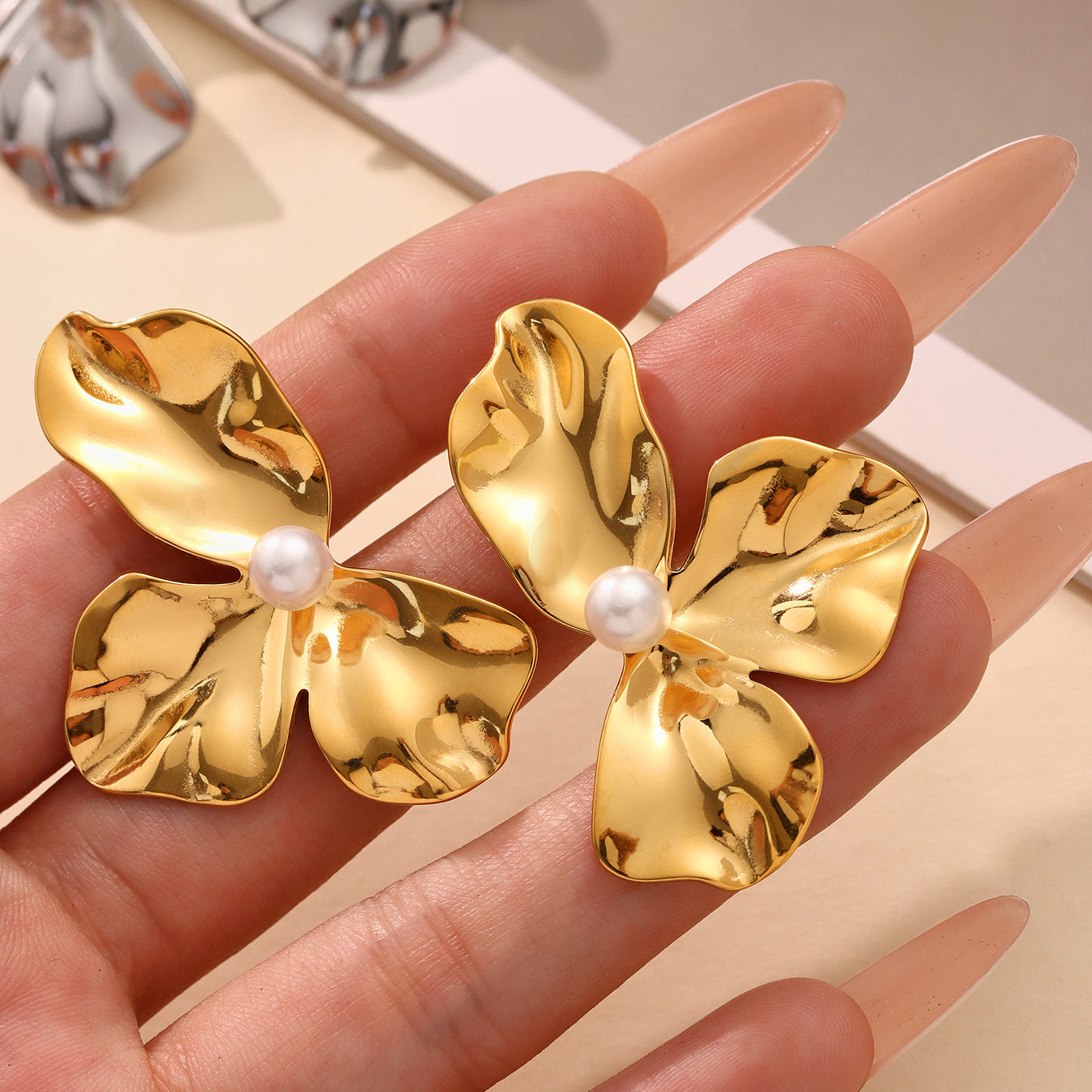 Shell Pearl Folded Petals Stainless Steel Stud Earrings