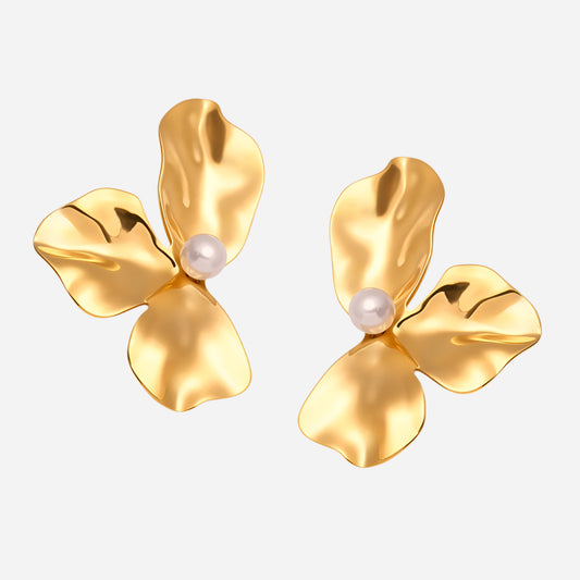 Shell Pearl Folded Petals Stainless Steel Stud Earrings