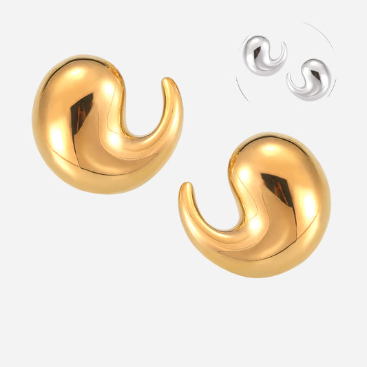 Gold hook-shaped earrings on a white background