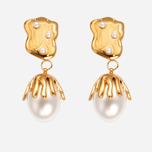 18k Real Gold Shaped Baroque Imitation Pearl Pendant Earrings
