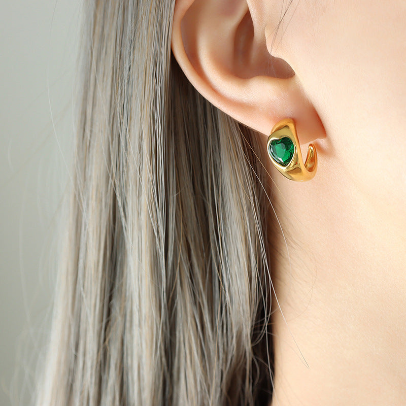 Green White Heart Stud Stainless Steel Earrings