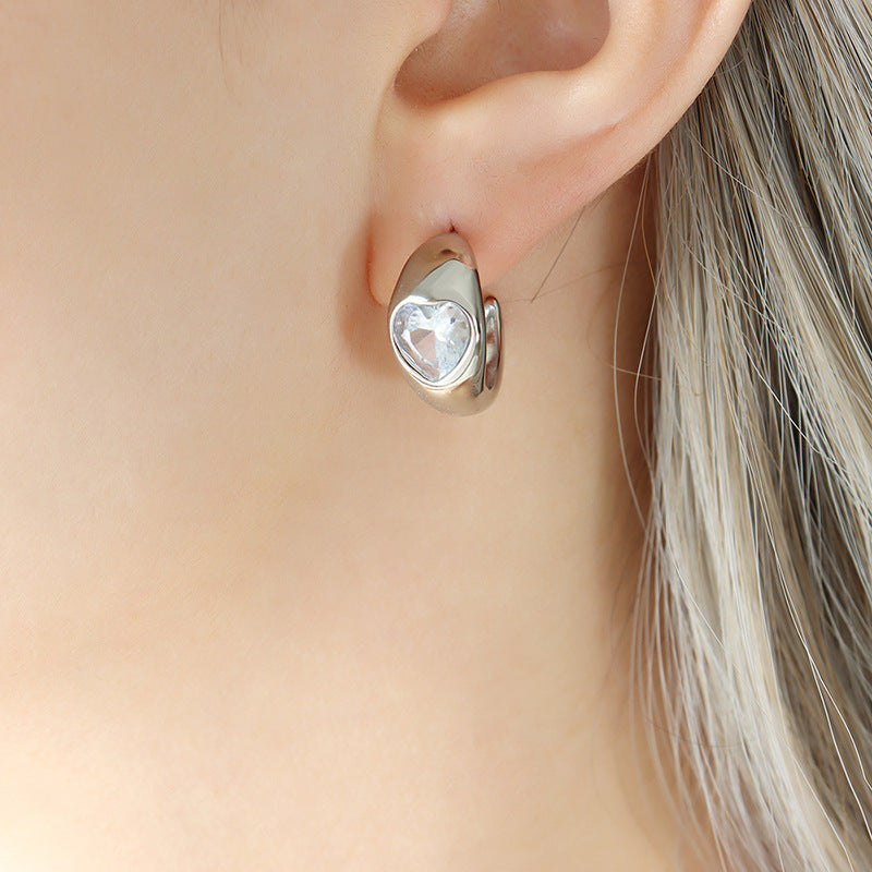 Green White Heart Stud Stainless Steel Earrings